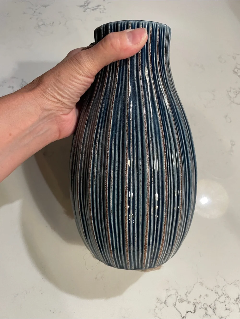 Ceramic Ribbed Navy Blue Decorative Vase - Unbranded